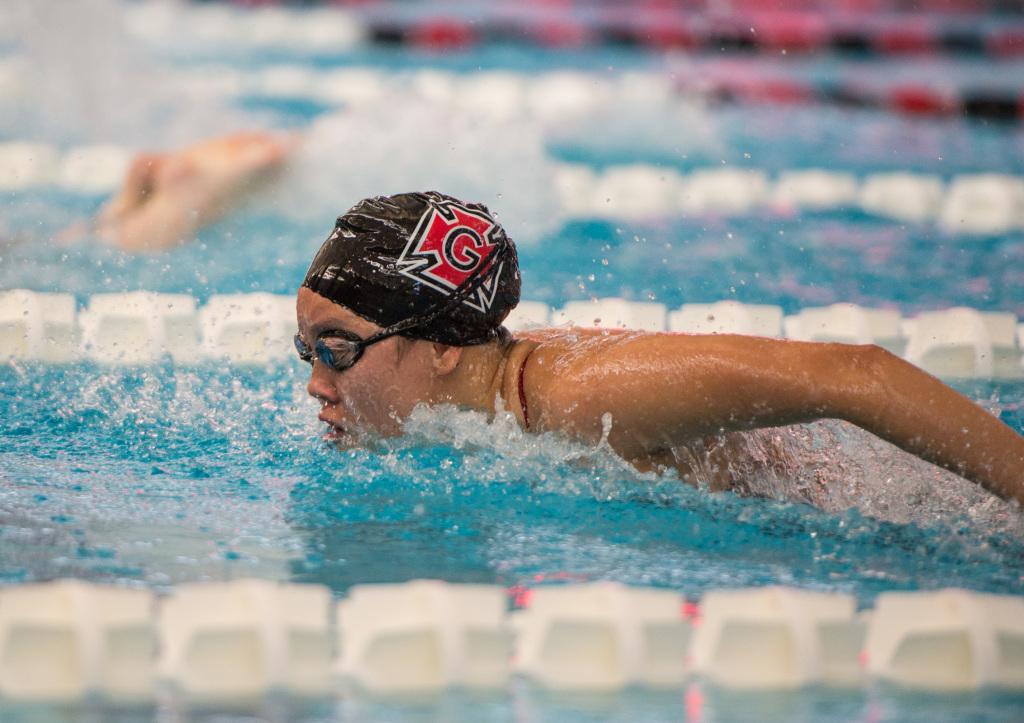 Jenny Dong ’17 swims butterfly at last weekend’s Pioneer Classic.
Photo by John Brady.