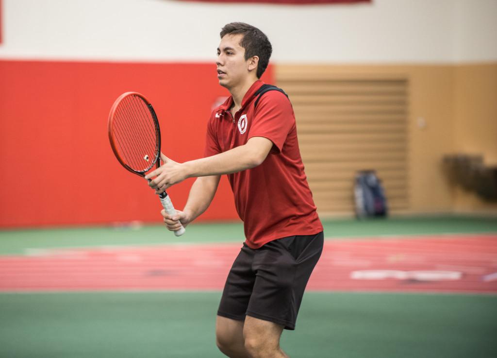 Tommy Pitcher ’17, who picked up a win in doubles win last weekend, practicing Wednesday. 
Photo by Jenny Chi