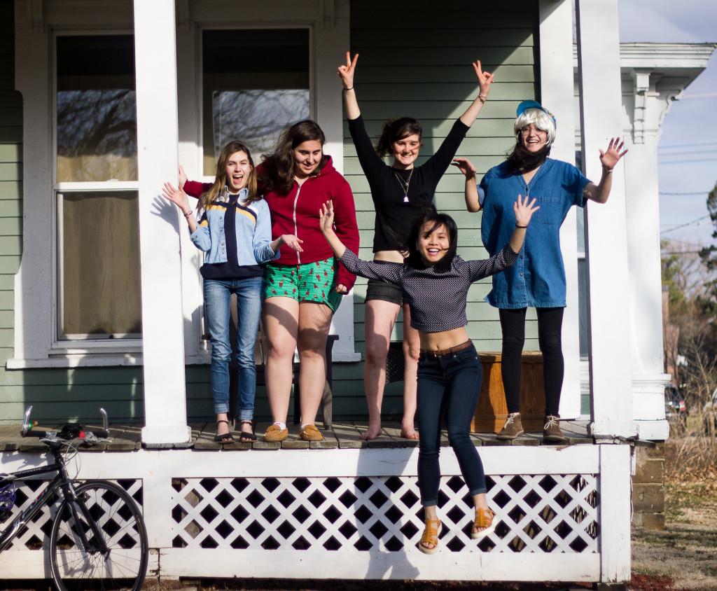 From+left+to+right%3A+Elizabeth+Allen%2C+Claire+Graebner%2C+Amelia+Greenberg%2C+Yishi+Liang+and+Phoebe+Mogharei%2C+all+16%2C+celebrate+the+arrival+of+spring+on+their+porch+at+1132+Broad+St.+%0A%0APhoto+by+Hung+Vuong