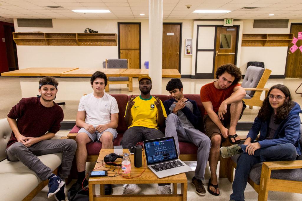 Photo by Garrett Wang. Reed Essex 19, Jacob Leder 20, Hameed Weaver 17, Dhruv Gupta 17, Logan Stuart 19 and Deniz Sahin 20 come together to share homemade beats and practice freestyling. A performance is coming up soon. 