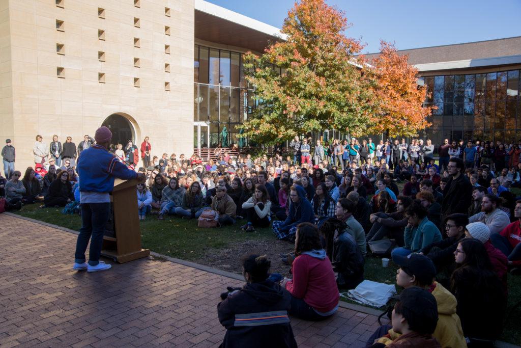 Students%2C+faculty+and+staff+came+together+in+the+JRC+courtyard+on+Wednesday+afternoon+to+support+one+another+and+share+their+grief%2C+concerns+and+hope.+Photo+by+Jeff+Li.