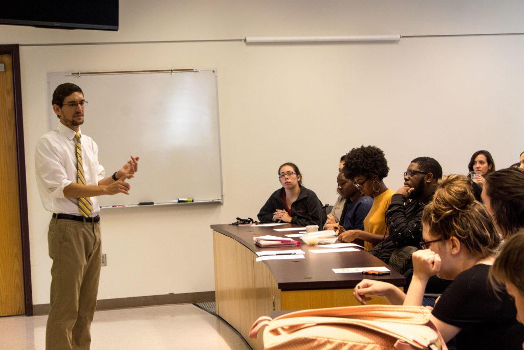 Dan Covino, the new director of the Education Professions Career Community, talks with students interested in pursuing a career in education, including and extending beyond teaching.  
PHOTO BY CHARUN OPARA