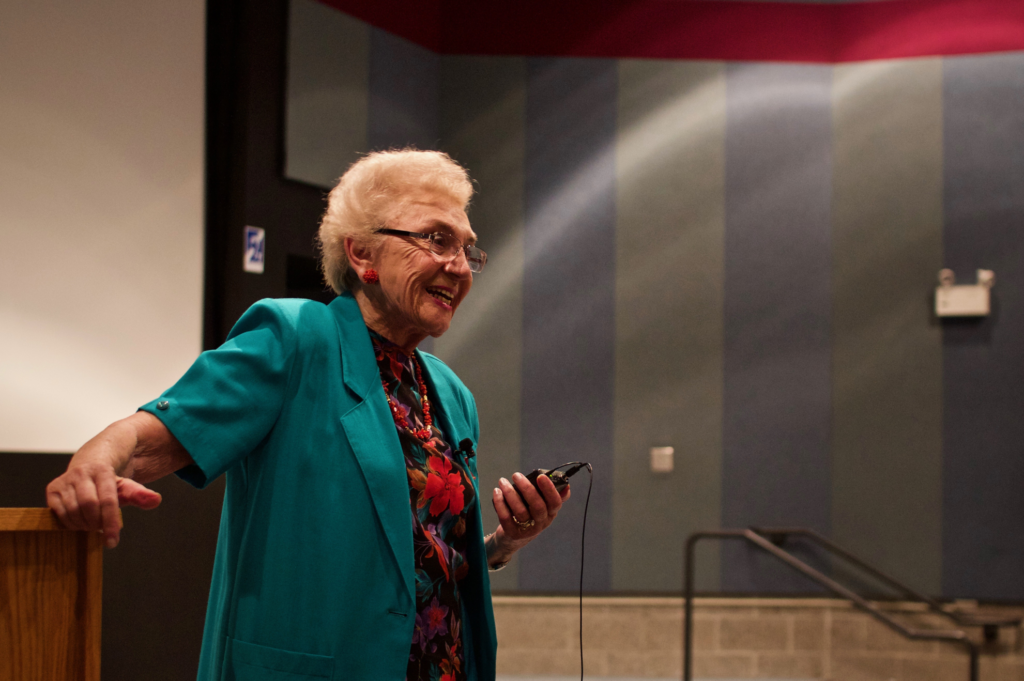 Celina Biniaz 52, Holocaust survivor originally from Krakow, Poland, came back to Grinnell after a long time away to speak about her life since the war. Photo by Paul Chan.