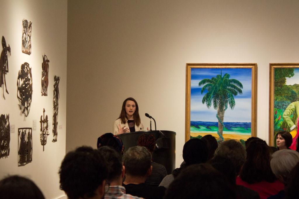 Charlotte Richardson-Deppe 19 presents the new exhibition in Faulconer Gallery. Photo by Sarah Ruiz