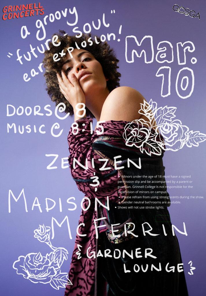 Zenizen+and+Madison+McFerrin+will+perform+this+weekend+in+Gardner+Lounge.+Artwork+by+Cassidy+Christiansen.