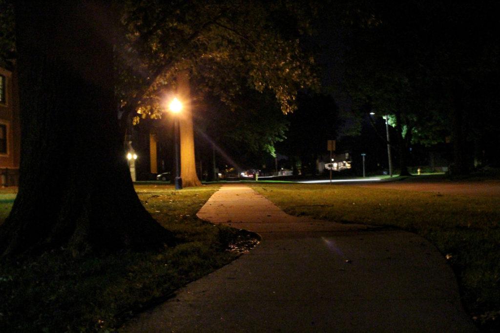Facing north on Park Avenue directly east of the North Campus dorms, this is just one of the dimly lit paths students use  on campus, despite the fear many have of encountering potentially dangerous situations in the dark.
Photo by Zoey Kohler