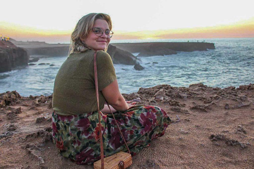 Francess Dunbar 20 on the cliffs in Morocco. She is currently spending part of her semester abroad with the School for International Training IHP: Climate Change program.
Photo Contributed