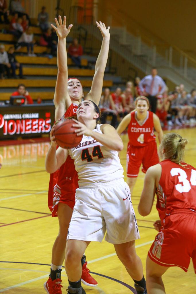 Daria Guzzo 19 goes in a layup against Central College on Thursday, Nov. 8. The team lost 55-59. Contributed photo.