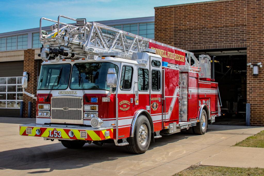 The Grinnell Fire Department purchased this new ladder truck with the help of the City, Grinnell College and donations. Photo by Andrew Tucker.
