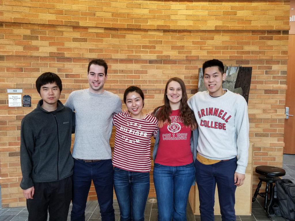 Music SEPC members Anthony Fu ’19, Sean O’Reilly ’19, Sophie Paek ’19, Lilya Woodburn ’20 and Calvin Tang ’20 organized an open recital on April 5 for Grinnell musicians. Photo by Liz Paik.