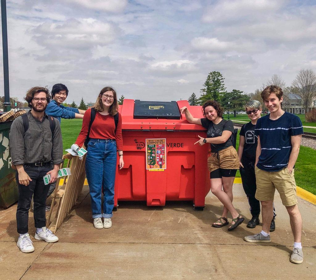 Green Fund members Lukas Mendel ‘21, Ryuta Kure ‘21, Rachel Snodgrass ‘21, Isabella Kugel ‘20, Luca Nelson ‘20 and Nick Haeg ‘20 pose in front of the new industrial composting bin behind the JRC. 
Editor’s note: Ryuta Kure ‘21 is the graphics editor for the S&B. Contributed photo.