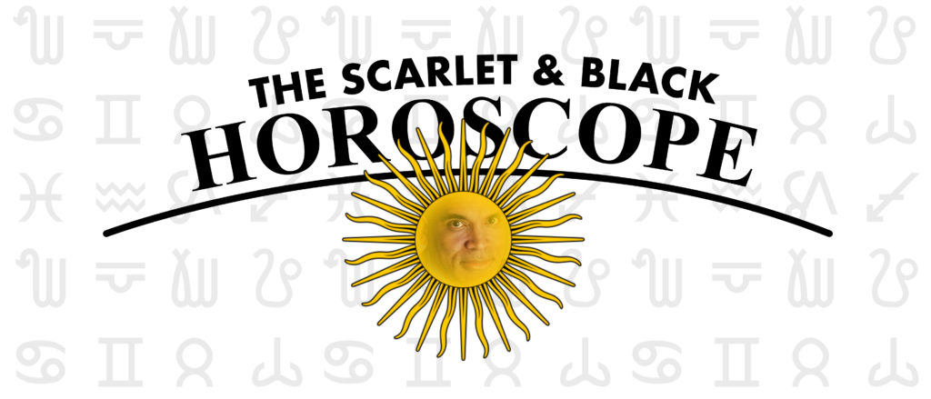 Graphic with a yellow sun and the title The Scarlet & Black Horoscope