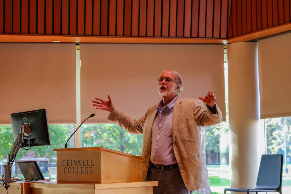 National Book Award finalist Charles Baxter speaks in JRC 101 on Sept. 23. Photo by Isabel Torrence.