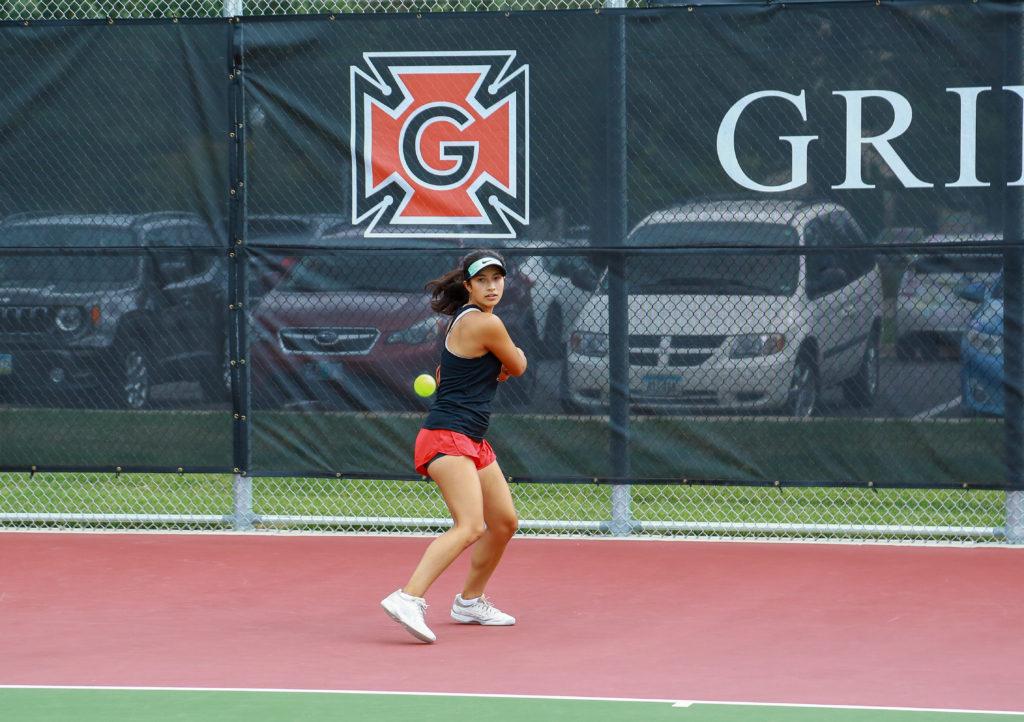 Sophia de los Reyes ’23 competes against Lake Forest College last Saturday. The women’s tennis team competed against Lake Forest twice last year, losing both matches. This year the team came back for revenge winning 6-3. Contributed.