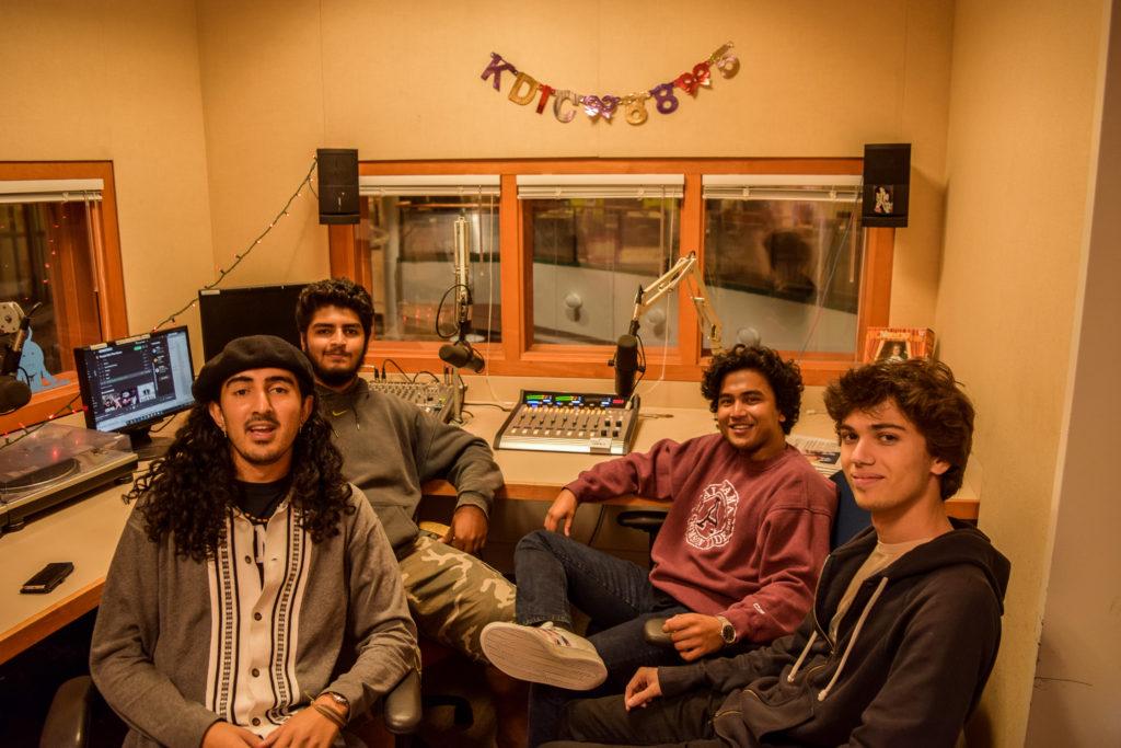 Anshul Tambay ’20, Karman Bhinder ’22, Sohom Pal ’22 and Noah Delgado De Torres ’22 host a radio show on KDIC in the radio stations studio in JRC. Photo by Alec Maloney.