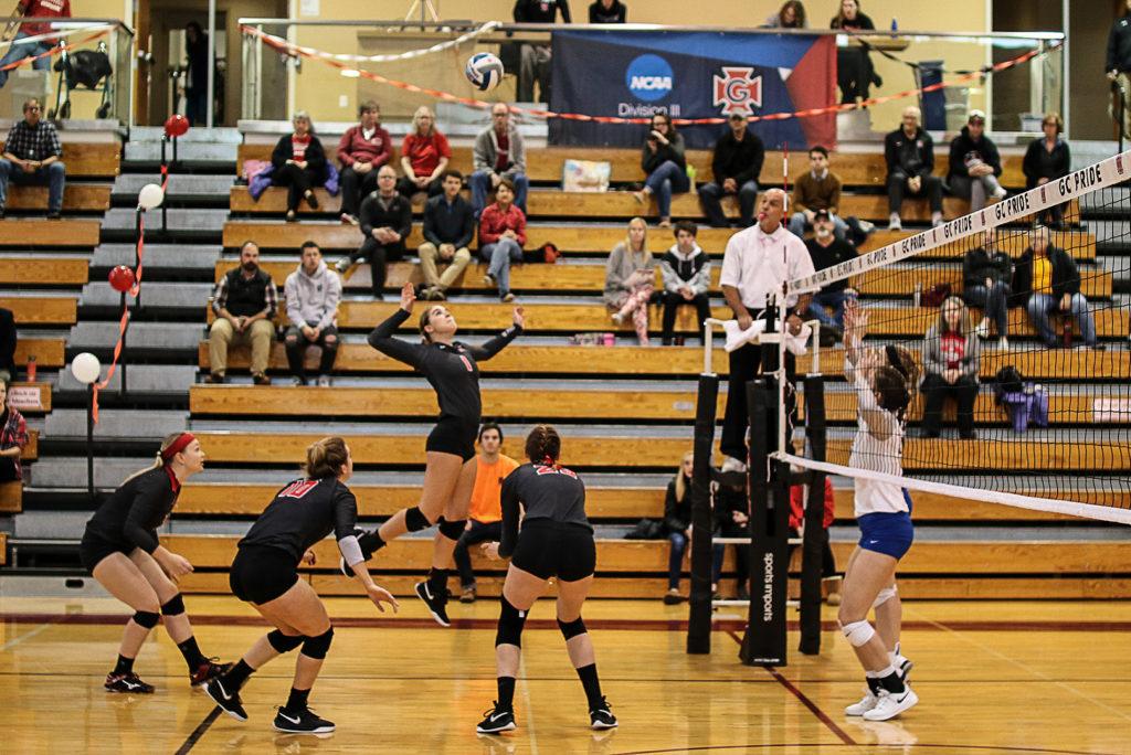 Kaylin Kuhn (pictured jumping) has entered the 1,000 kill club in a school record breaking 69 matches played. Photo by Andrew Tucker
