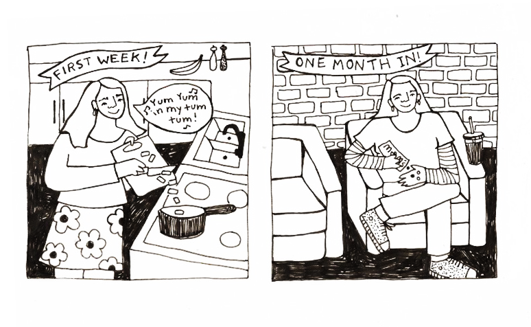The first panel depicts a woman cooking. A speech bubble saying Yum yum in my tum tum is coming from her mouth. The second panel is labeled one month in! and depicts the same woman eating M&Ms on a loveseat.