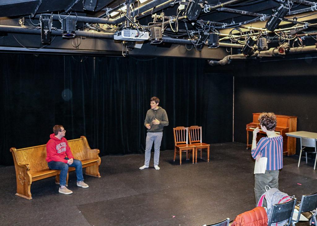 Theatre and Dance majors Harry Gale ’20 and Jacob Leder ’20  play the leads in The Zoo Story under the direction of Nicole Rosengurt ’20. Photo by Isabel Torrence.