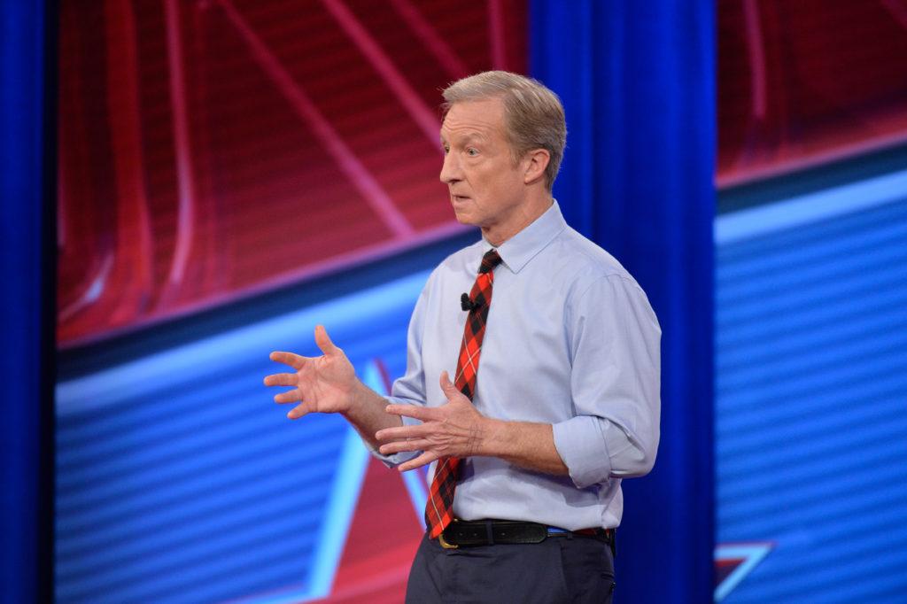 Steyer’s town hall failed to draw enough people to fill Roberts Theatre. Contributed by CNN.