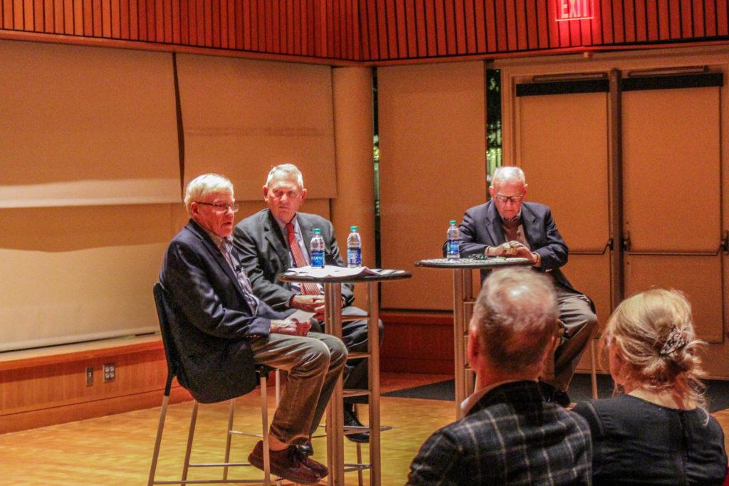 From left to right: George Drake, Jim Cownie and Michael Gartner—who all knew Joe Rosenfield ‘25—spoke on Tuesday at a panel on Rosenfield. Photo by Shaban Gupta