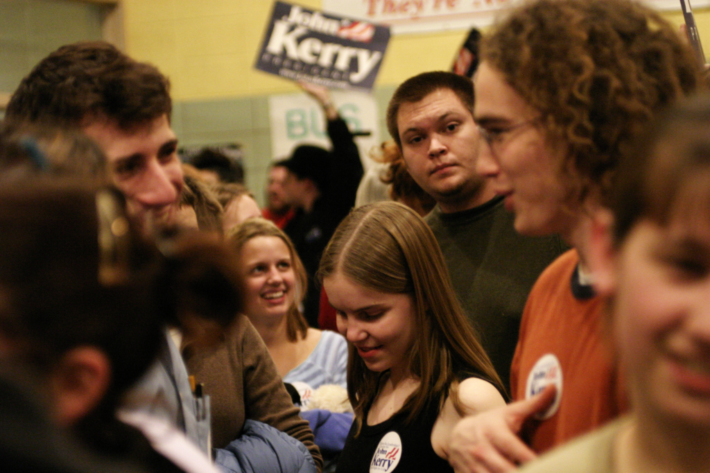 The 2004 caucuses marked the second general-election cycle in a row where participant turnout for Ward 1 increased dramatically from the previous year. Photo contributed by the Grinnell College Archives.