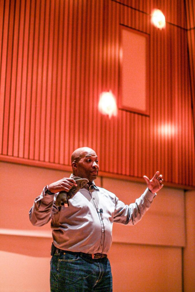 Hasan Davis, father of Grinnell student Malcolm Davis ’21, spoke twice at Grinnell this year in commemoration of Martin Luther King, Jr. Day. Photo by Emma Mills.