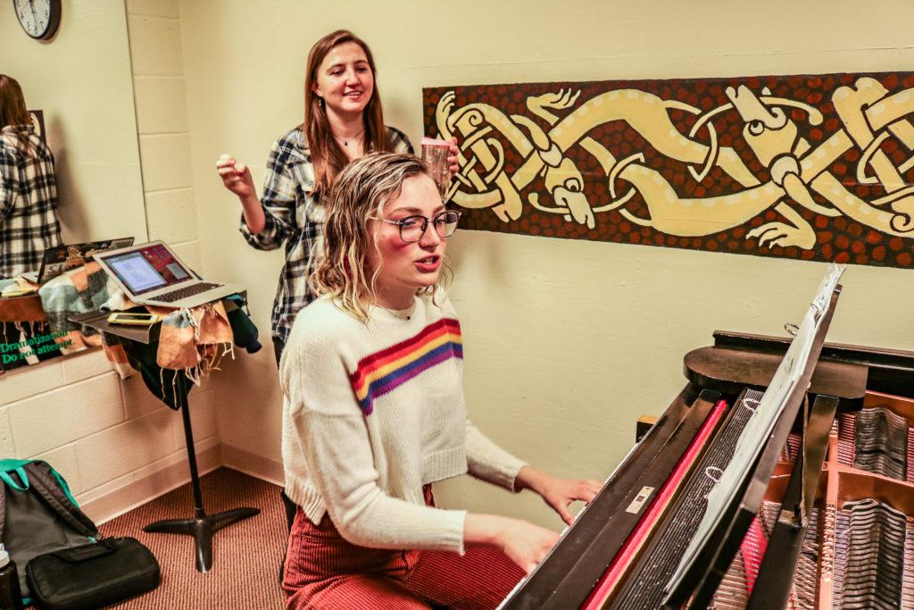 Lizzy Hinman ’20 and Sophia Schott ’21 rehearse a number from STI: The Musical!, an original musical by Schott about STI testing. Photo by Isabel Torrence.