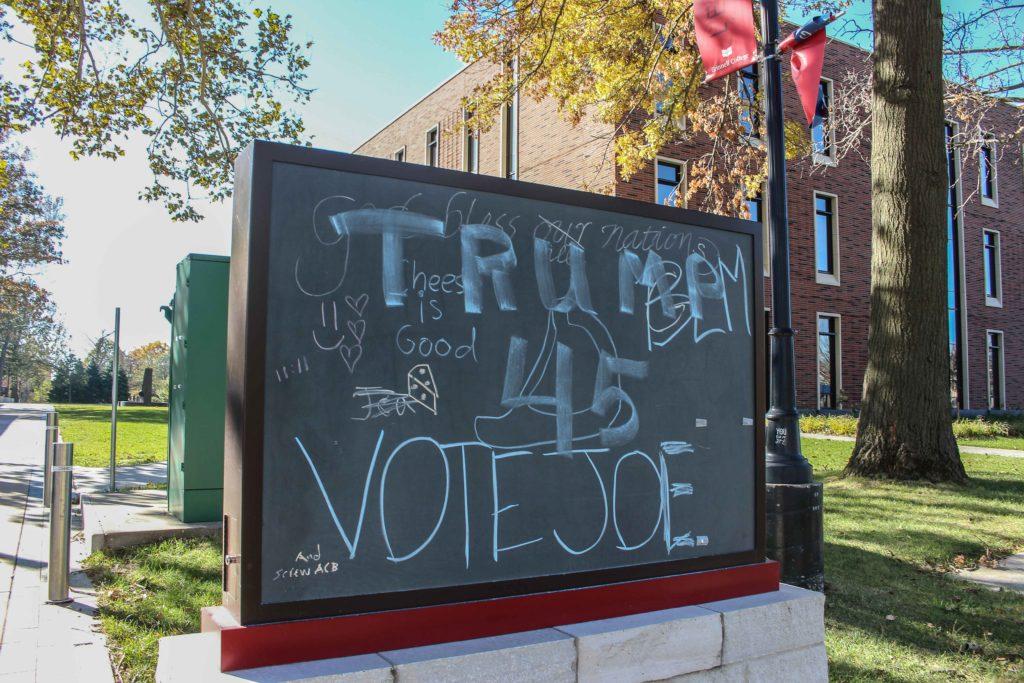 The HSSC outdoor blackboard hosts numerous conflicting political messages on the morning of the 2020 general election. Photo by Kaya Matsuura.