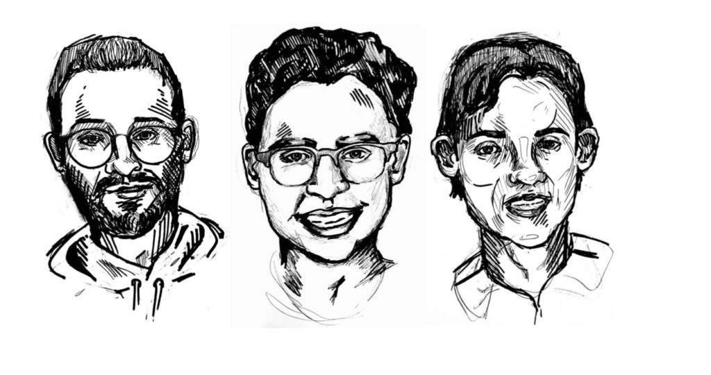 The new executives: from left to right, VPSA Andy Kenley 22, President Fernando Villatoro 22, and VPAA Ashton Aveling 22. Drawings by Zoe Fruchter.
