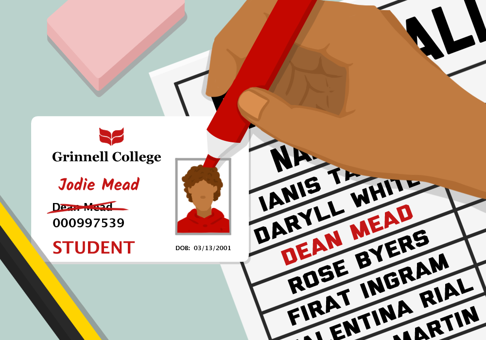 A graphic of a fictional students P-Card with a crossed-out deadname in red.