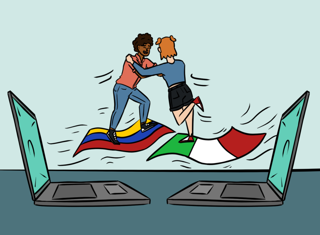Two students flying on their countrys flag meeting in the middle of two computers. Graphic by Elisa Lanusse.
