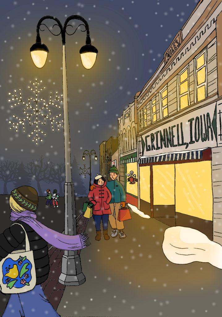 After taking a year off during the COVID-19 pandemic, Grinnell continues its tradition of an annual Jingle Bell Holiday celebration downtown. Graphic by Hannah Agpoon. 