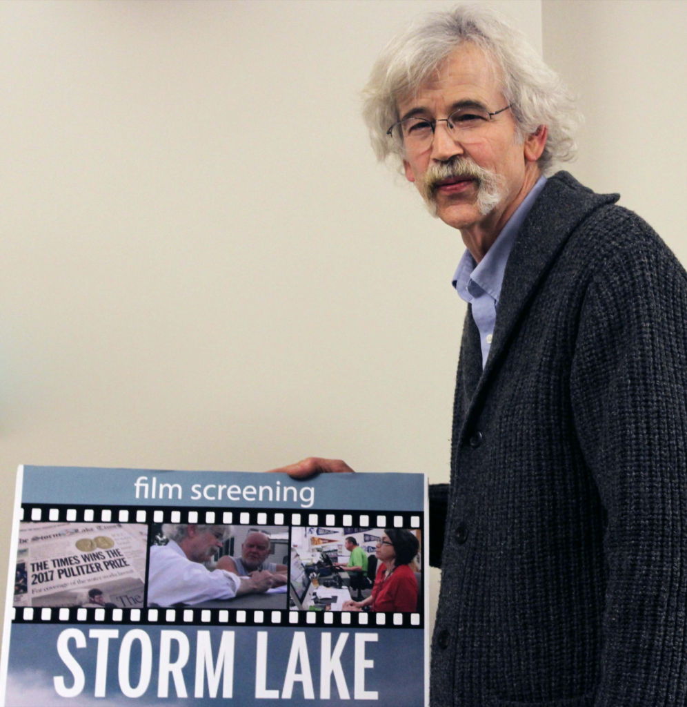 Art Cullen answers question from Grinnell students after Storm Lake showing. Photo by Ariel Richards.
