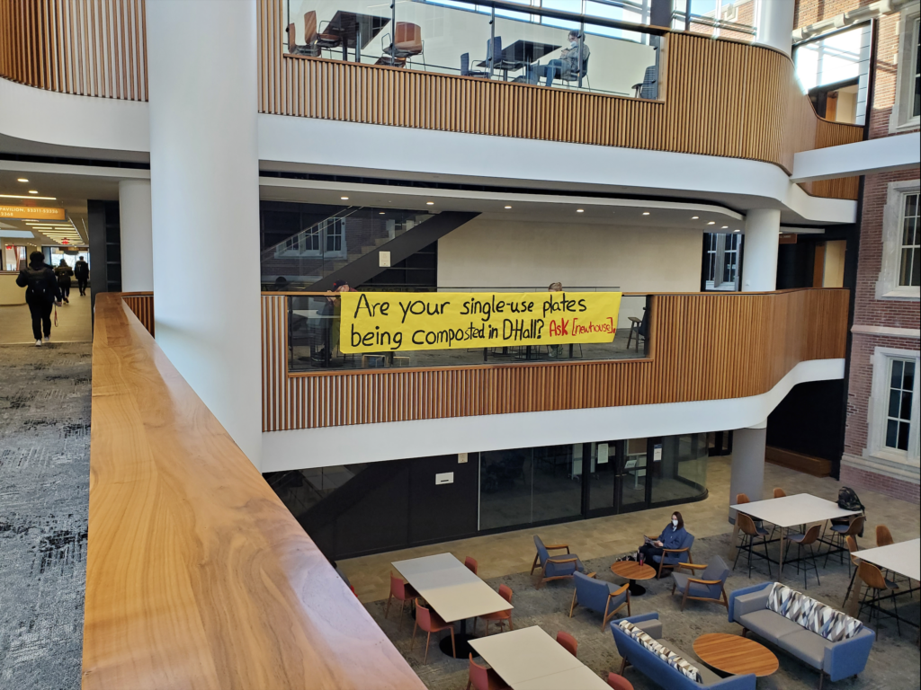 Students hung up banners protesting the use of single-use plates in the Dining Hall. Photo by Shabana Gupta.