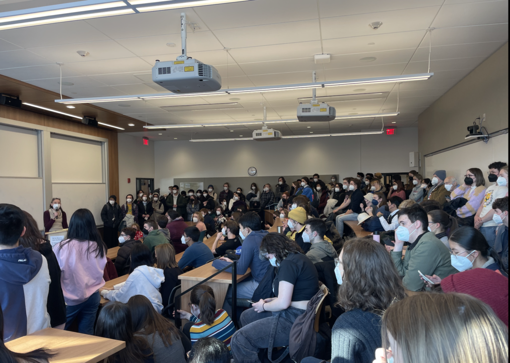 Students crowd into a HSSC classroom to hear from professors and ask questions. Photo by Allison Moore.