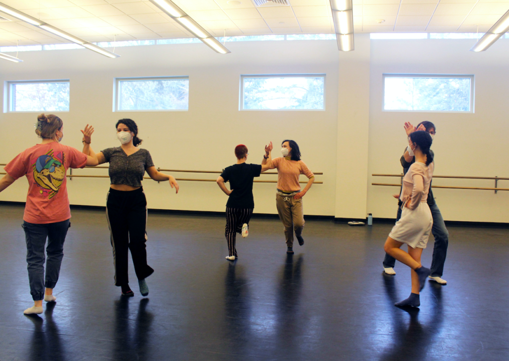 Participants dance at visiting professor Amanda Lees workshop on March 9. Photo by Ariel Richards.