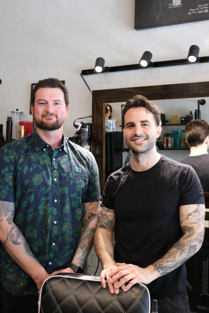 Sharp+Barbering+owner+Dustin+Sharp+%28left%29+cuts+hair+with+his+brother-in-law+Ryan+Dayton+%28right%29%2C+who+is+a+barbers+apprentice.+Photo+by+Hannah+Agpoon.