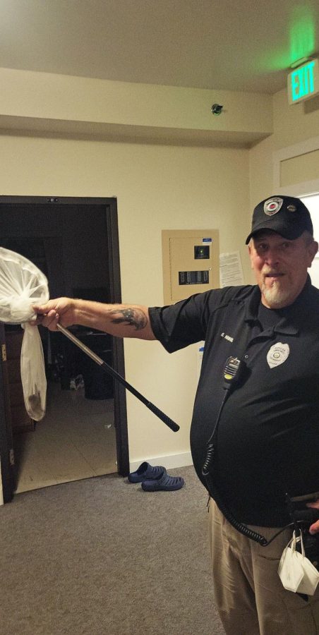 Campus Safety Officer Steve Kriegel holds a net with the bat he captured at Game House.