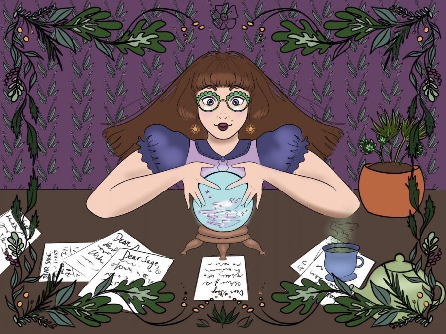 Illustration of woman with hands hovering above a crystal ball.