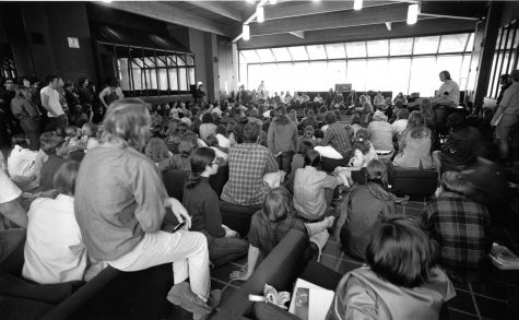 Students gather in the Forum for a senate meeting about the four students killed at Kent State University in May 1970.