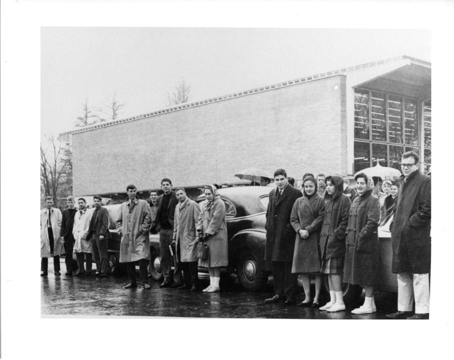 On a rainy November day in 1961, members of the Grinnell 14 paused for a moment outside Burling Library before starting their long drive to Washington, D.C.