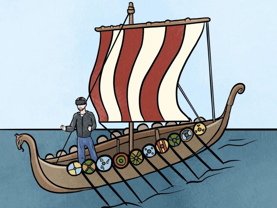 Illustration of a man wearing a virtual reality headset on a Viking longship. 