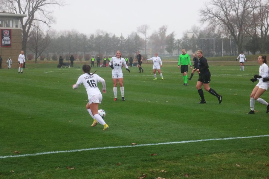 Kate Nakamura `26 handles the ball in the Midwest Conference Tournament. Grinnell hosted the tournament and qualified for the NCAA Division II Tournament for the first time since 2006. 