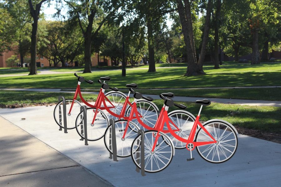 A photo-graphic depiction of a proposed bike rack outside the Forum. Pedal Grinnell has purchased 20 bikes to place around campus for student use. 