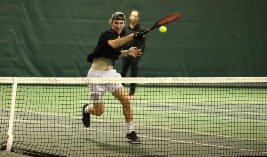 Sam Rudenberg `25 (above) and Henry Bridgers (not pictured) beat Cornell College in a doubles match 8-0 at the March 5 match. Grinnell won 9-0.