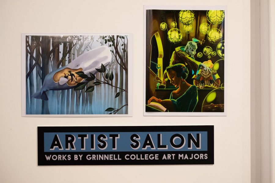 The sign announcing Artist Salon at Stewart Gallery alongside two pieces by Henry Loomis `26.