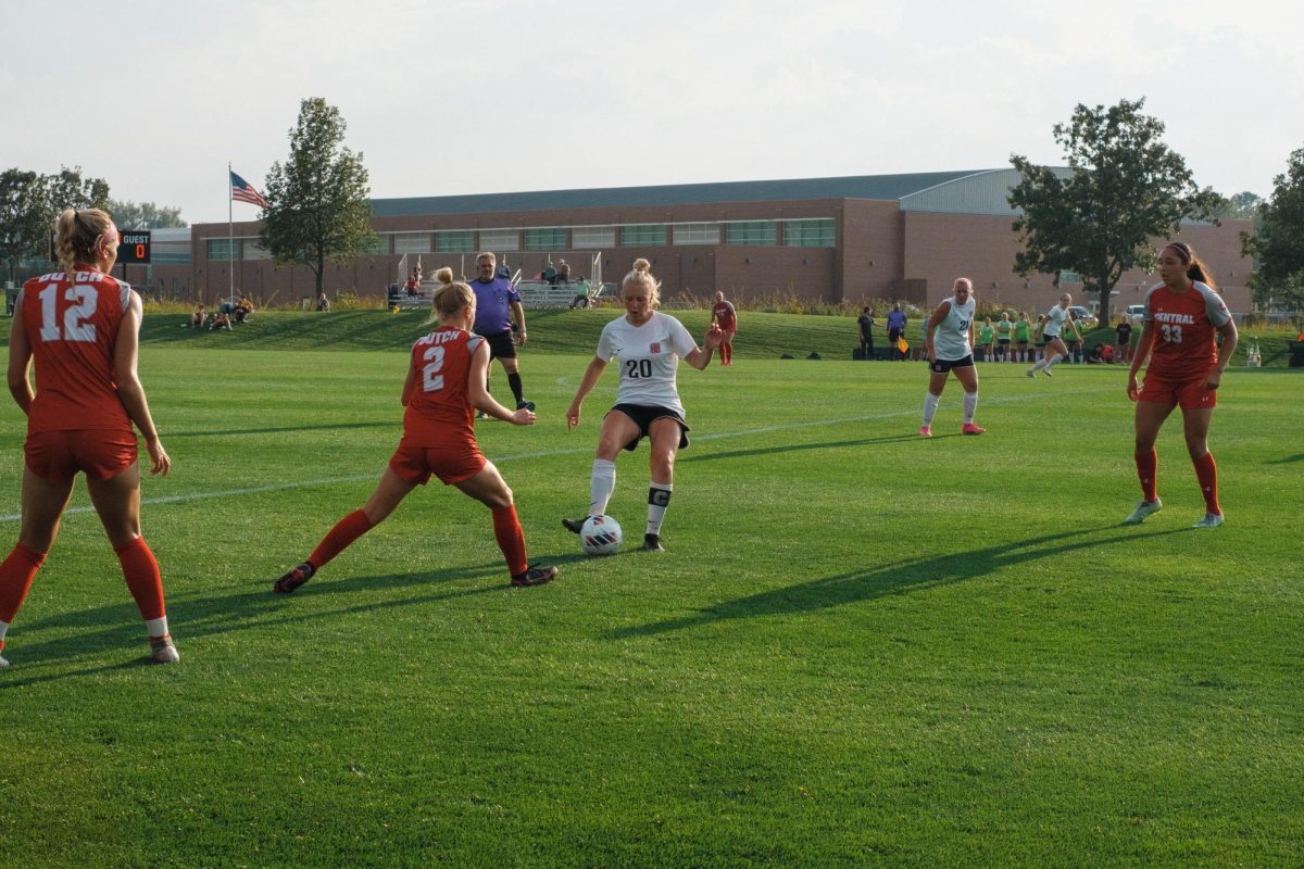 Jane March `24 faces off against a Central College player during the Sept. 20 game that ended in a 0-0 tie.