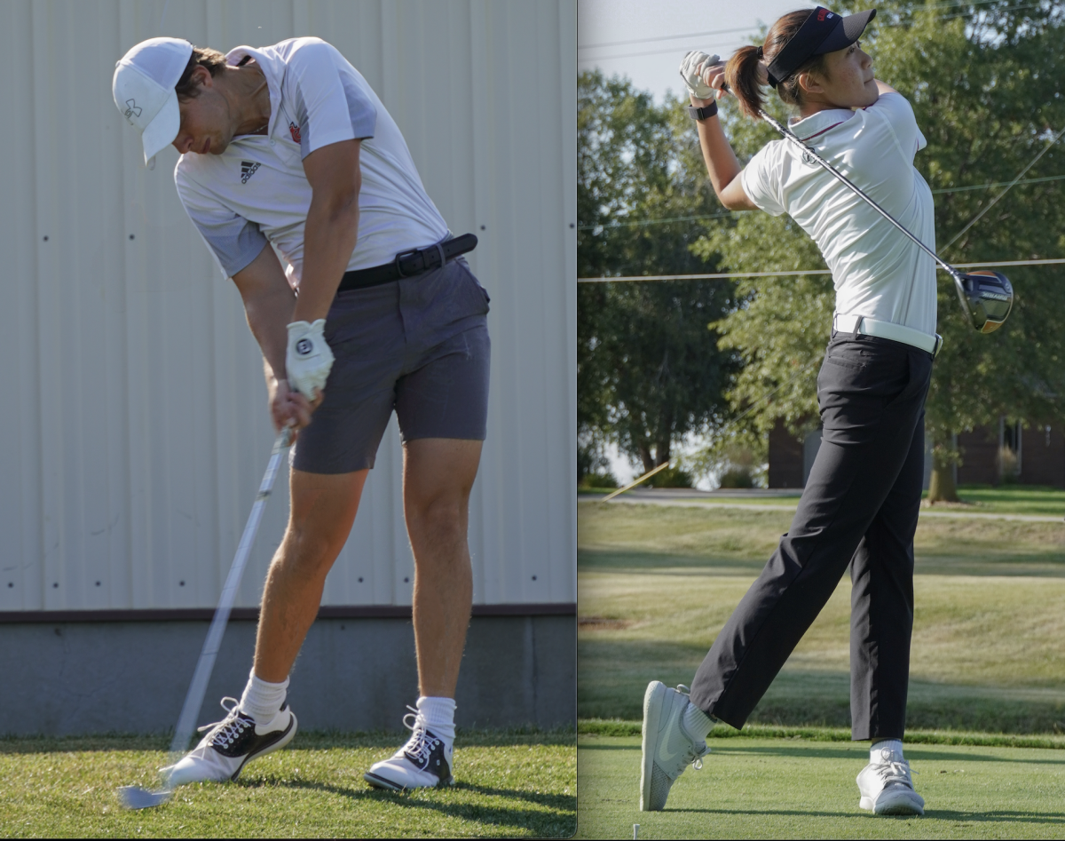 Members of the men’s and women’s golf teams practicing on the Grinnell College Golf Course on Wednesday, Sept. 13. For the first time in over ten years, both teams share the same head coach.