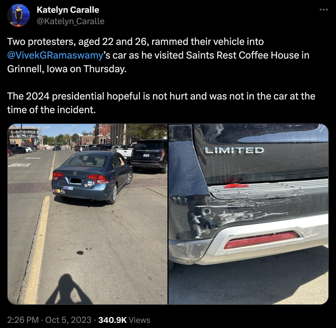 An X post with photos of the car involved in the accident (left) and the damage to Ramaswamys campaign vehicle (right).