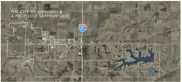 A graphic depicting a proposed Sapphire Lake project alongside the city of Grinnell. This graphic may not depict the final finished project.